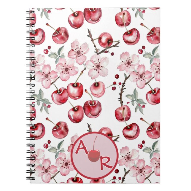 Caderno Espiral Flor e monograma personalizados de cereja (Frente)