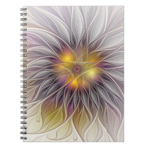 Caderno Espiral Flor Luminosa Colorida, Fractal Moderno Abstrato