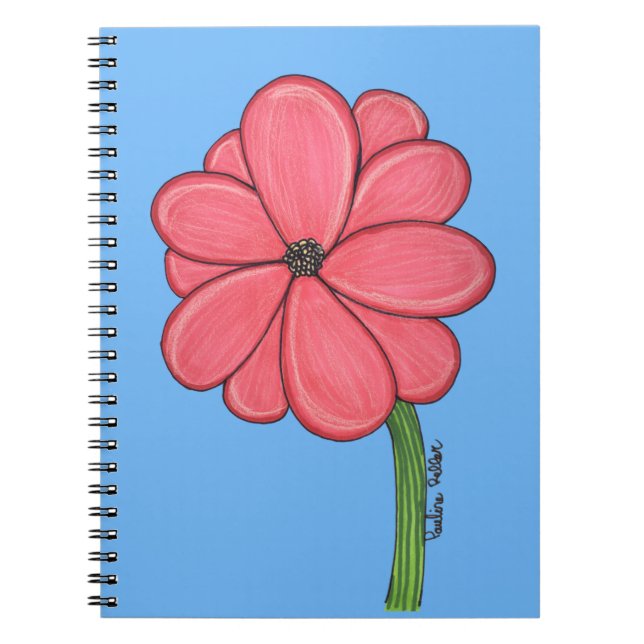 Caderno Espiral Flor Rosa Cheia com Fundo Azul (Frente)