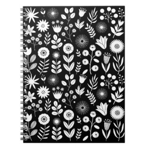 Caderno Espiral Flor-selvagem do Boho Negro e Branco
