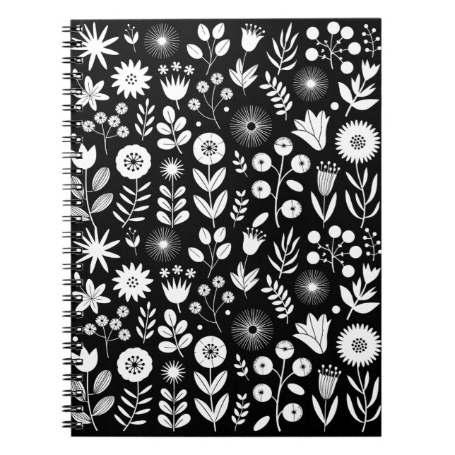 Caderno Espiral Flor-selvagem do Boho Negro e Branco (Frente)