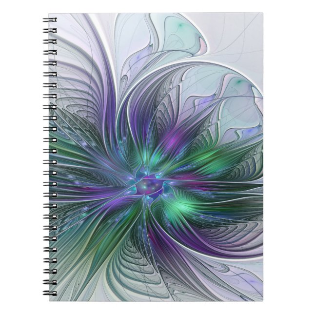 Caderno Espiral Flor Verde Roxo Moderna Abstrato de Arte Fractal (Frente)