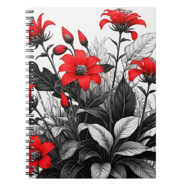 Caderno Espiral Flor Vermelha Na Planta Branca Preta (Frente)