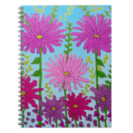 Caderno Espiral Flor vívida rosa desenho em azul