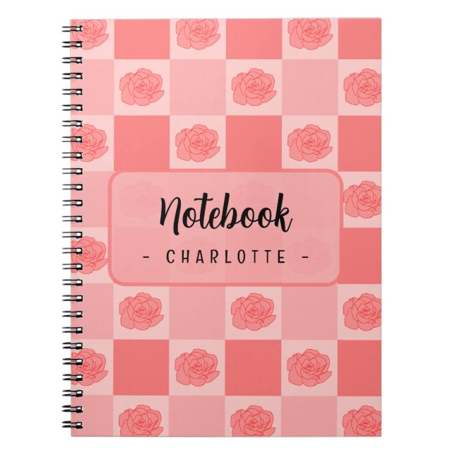 Caderno Espiral Florais Xadrez Rosa (Frente)