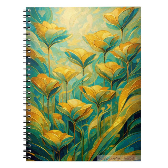 Caderno Espiral Floral Abstrata Bloom Dourado  (Frente)