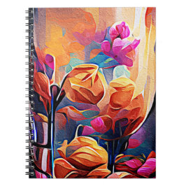 Caderno Espiral Floral Abstrato Art Laranja Vermelho Azul Flores