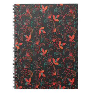 Caderno Espiral Floral Abstrato Vermelho e Verde em Fundo Preto