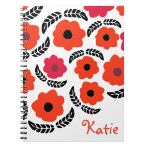 Caderno Espiral Floral alaranjado e vermelho