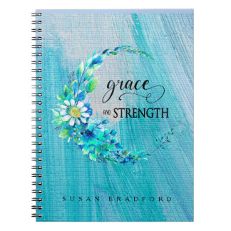 Caderno Espiral Floral Azul Inspiracional de Graça e Força
