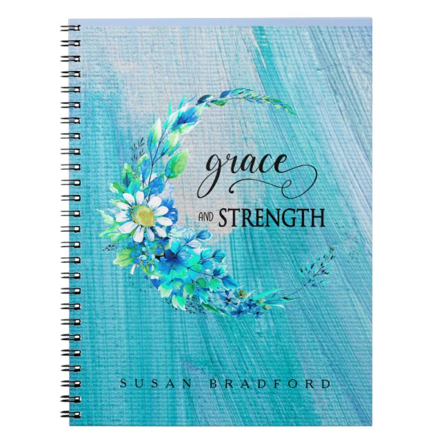 Caderno Espiral Floral Azul Inspiracional de Graça e Força (Frente)