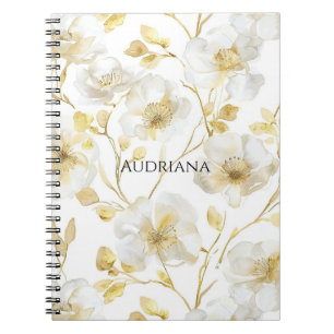 Caderno Espiral Floral Branco Dourado Chic