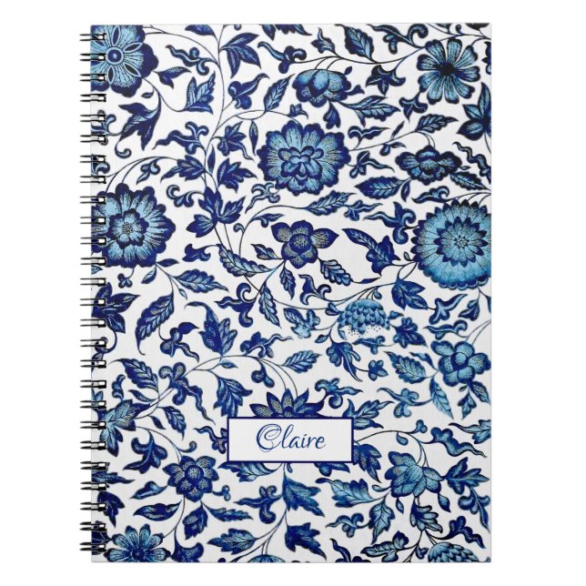 Caderno Espiral Floral Branco e Azul-Chic Exótico Personalizado (Frente)