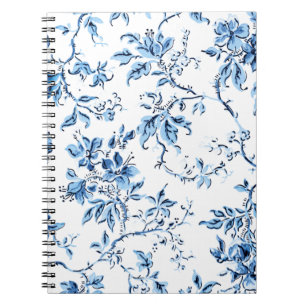 Caderno Espiral Floral Branco e Azul Delft Elegante