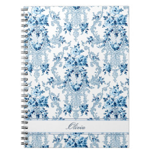 Caderno Espiral Floral Branco e Azul do Rococo Francês Personaliz