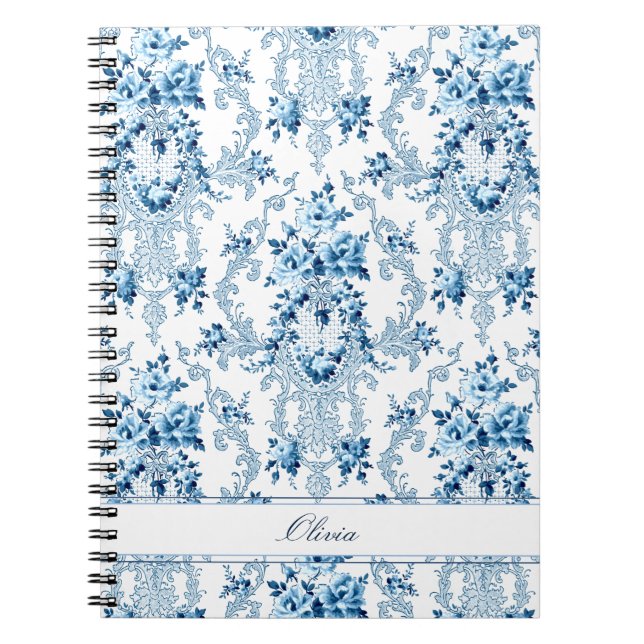 Caderno Espiral Floral Branco e Azul do Rococo Francês Personaliza (Frente)