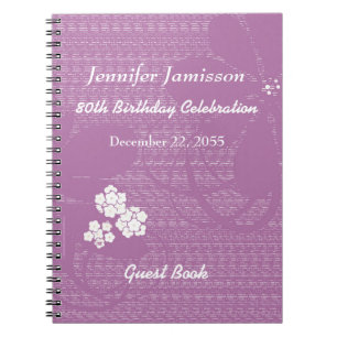 Caderno Espiral floral branco roxo do livro de hóspedes da festa