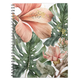 Caderno Espiral Floral da Selva em Aquarela Rosa Verde Dourado