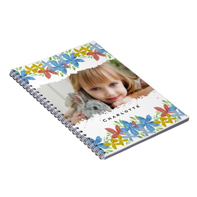 Caderno Espiral Floral de Aquarela de Foto Personalizada (Lado Direito)