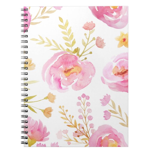 Caderno Espiral Floral de Aquarela Rosa (Frente)