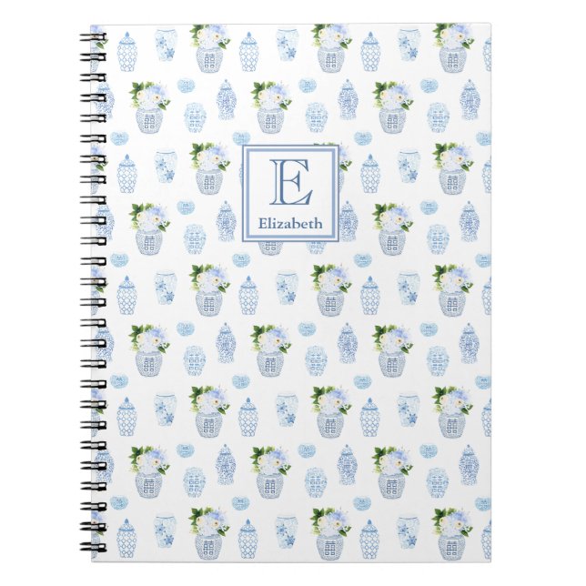 Caderno Espiral Floral de Eterno azul e gengibre branco monograma (Frente)