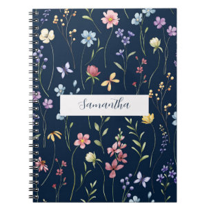 Caderno Espiral Floral de Flor Silvestre Azul Personalizada