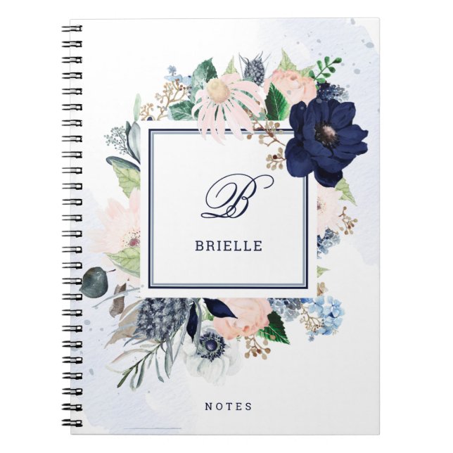 Caderno Espiral Floral de marinho e Blush | Nome e Monograma (Frente)