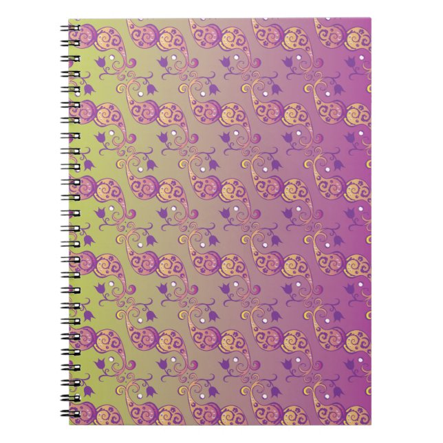 Caderno Espiral Floral de Paisley Verde e Rosa-abstrato (Frente)