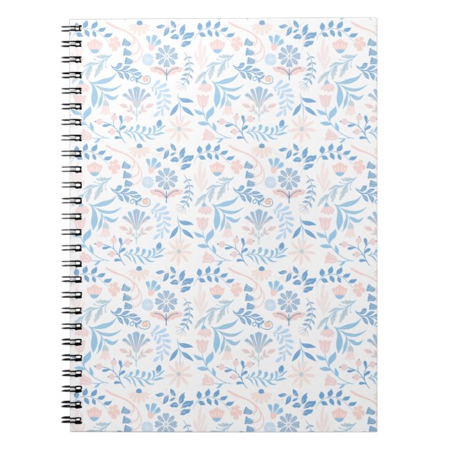 Caderno Espiral Floral design boho block print blue pink girly (Frente)