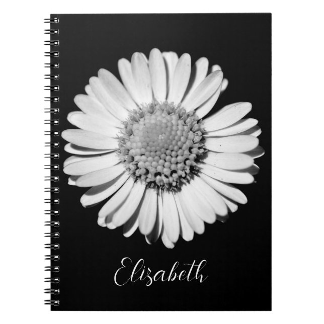 Caderno Espiral Floral Elegante Grande Negro e Branco Daisy Add Na (Frente)
