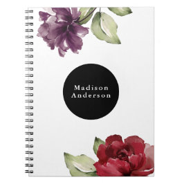 Caderno Espiral Floral Elegante Vermelho e Plum Watercolor com Nom