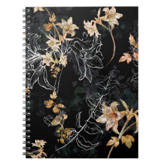 Caderno Espiral Floral Escuro: Pintura Sem Costura Por Aquarela.