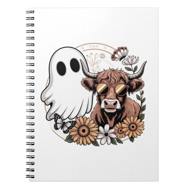 Caderno Espiral Floral Fall Highland Cow Ghost (Frente)