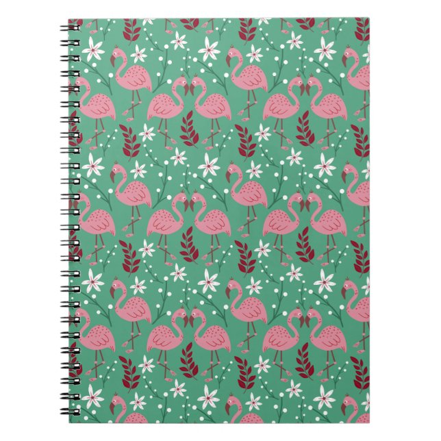 Caderno Espiral Floral flamingo sem costura, padrão rosa verde (Frente)