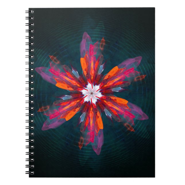 Caderno Espiral Floral Flores de Mandala Laranja Vermelho Abstrato (Frente)