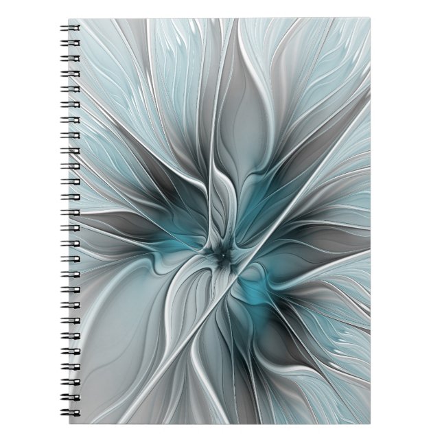 Caderno Espiral Floral Fractal Modern Abstract Flower Blue Gray (Frente)