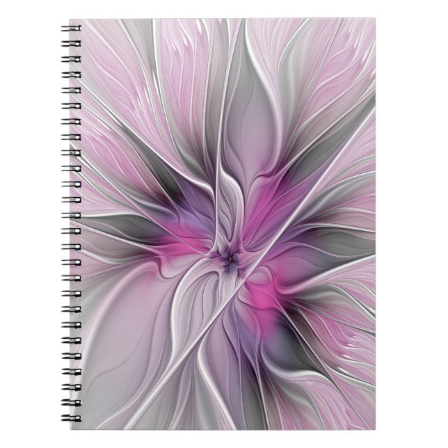 Caderno Espiral Floral Fractal Moderno Abstrato Flor Rosa Cinza (Frente)