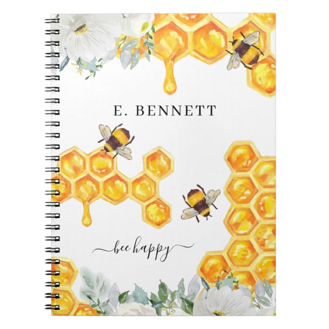 Caderno Espiral Floral Honeycomb Bumble Bee | Diário monograma (Frente)