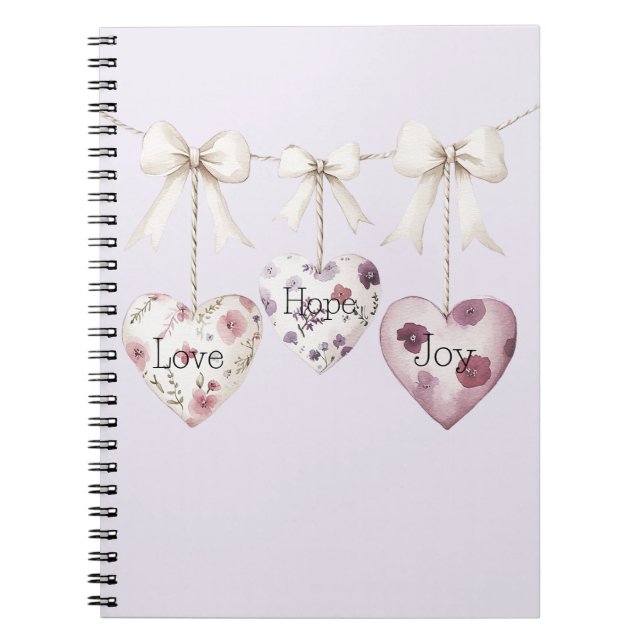 Caderno Espiral Floral Inspirador Amor Esperança Alegria Corações  (Frente)