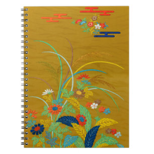 Caderno Espiral Floral Japonês Antigo com Flores Silvestres G.A. A