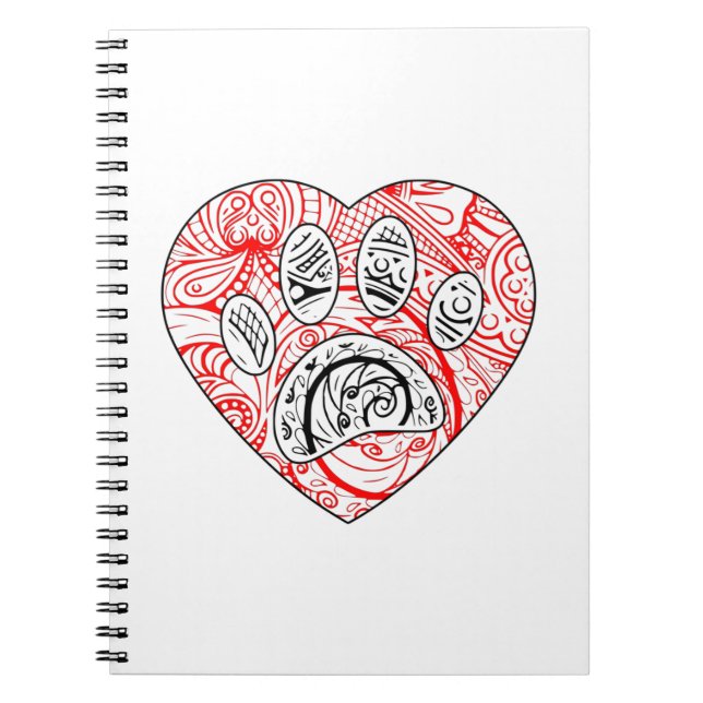 Caderno Espiral Floral Mandala Dog Paw Print Red Heart (Frente)