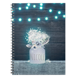 Caderno Espiral Floral Mason Jar & Blue String Lights Russo