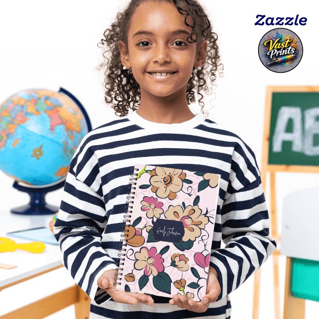 Caderno Espiral Floral Meadow Cream Pink Botanical Custom Name (Floral Meadow Cream Pink Botanical Custom Name Notebook)