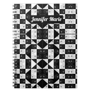 Caderno Espiral Floral Moderno Xadrez Preto e Branco Nome Personal
