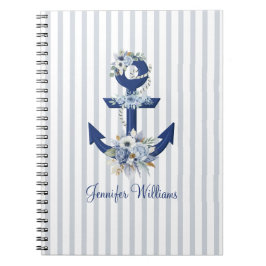 Caderno Espiral Floral Náutico Personalizado Listras Navy