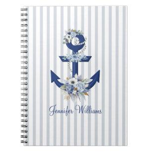 Caderno Espiral Floral Náutico Personalizado Listras Navy
