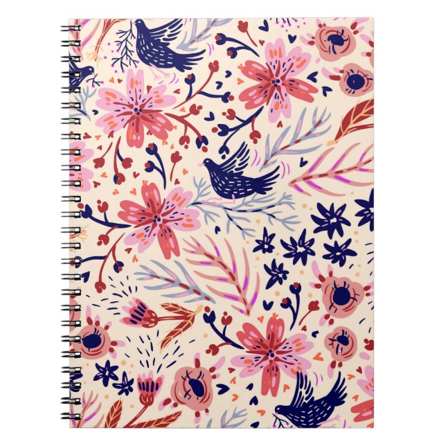 Caderno Espiral Floral, pássaros, padrão contínuo de colheita. (Frente)