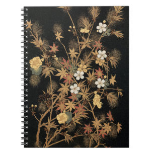 Caderno Espiral Floral Preto Arte Floral Dourada Outonal Japonesa