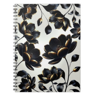 Caderno Espiral Floral Preto e Dourado Greige Elegante Sombrio
