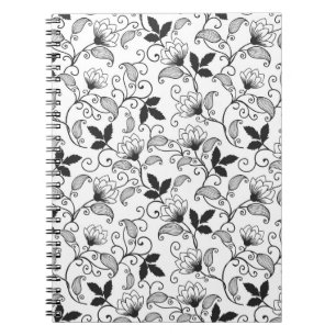 Caderno Espiral Floral Preto em Fundo Branco